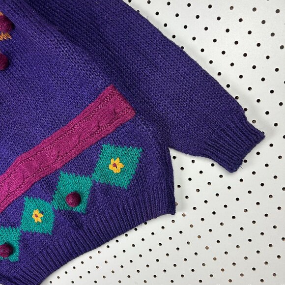 Extra Spice Vtg 90s Mock Neck Sweater Large Purple Knit Chunky Pom Pom Nordic - Picture 3 of 6
